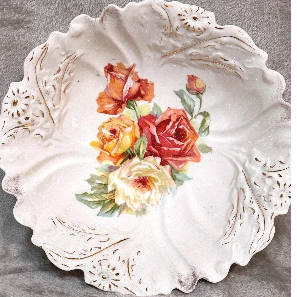 Vintage PS Germany Porcelain Rose Bowl Scalloped Gold Gilt Floral Centerpiece‎